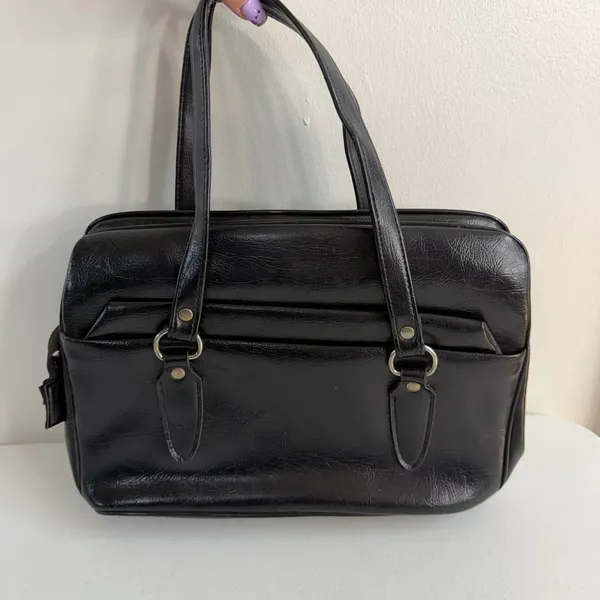 Faux leather‎ black double handle hobo bag purse zip multi compartment shoulder - Image 2