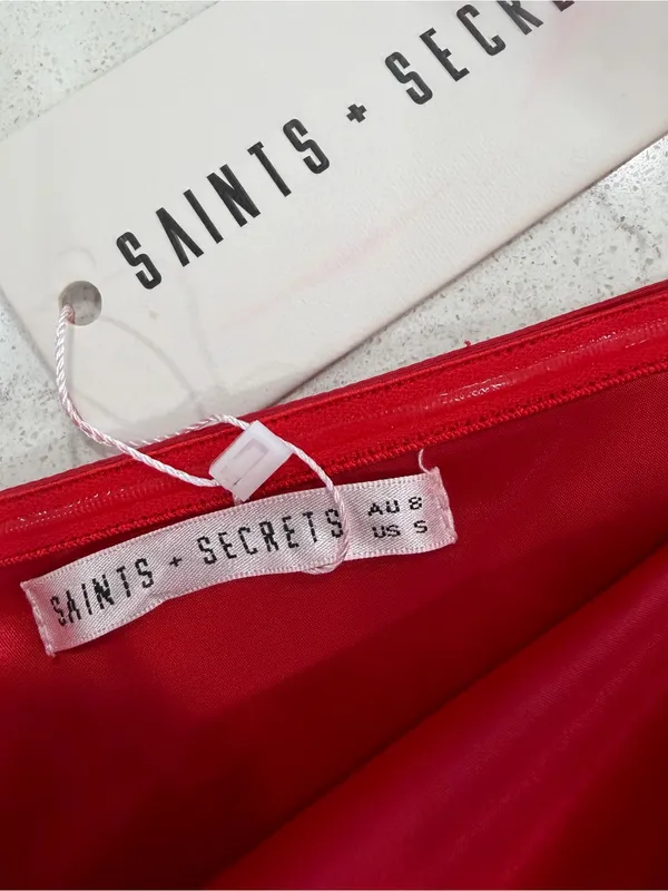 Saints +Secrets Strapless Red Satin Mini Dress with Side Tie Cutout - Image 6
