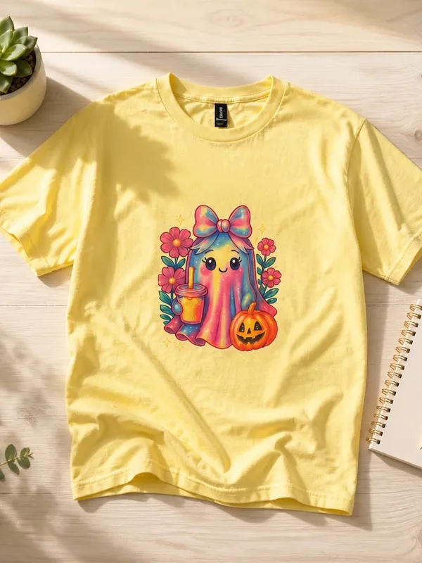 Gildan Cute Ghost & Pumpkin Halloween Yellow Unisex T-Shirt 100% Cotton Size XL NWT - Image 3