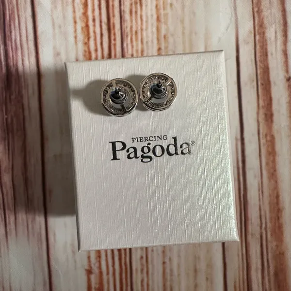 Piercing Pagoda Silver Moonstone CZ Halo Stud Earrings - Image 6