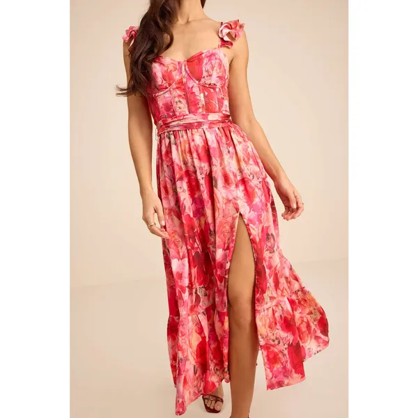 NEW Lulus Sweet Like Sangria Pink Floral Ruffled Bustier Tie Midi Dress Small - Image 5