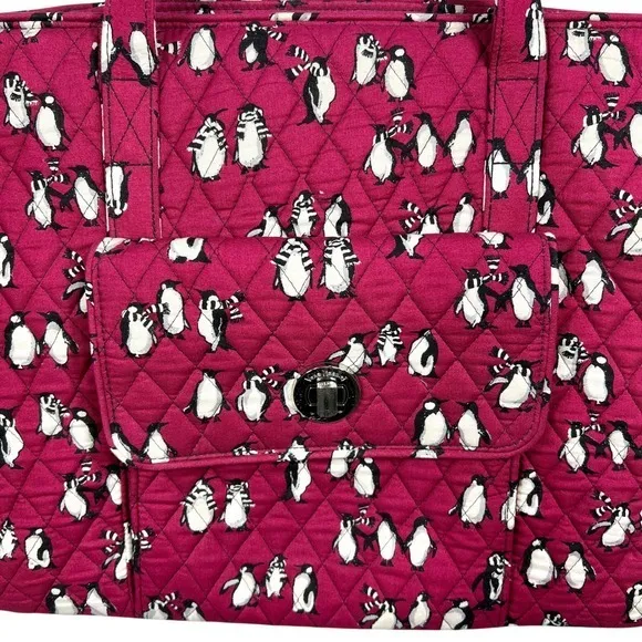 Vera Bradley‎ Quilted Playful Penguins Turnlock Tote Bag Crimson Red Retired - Image 4