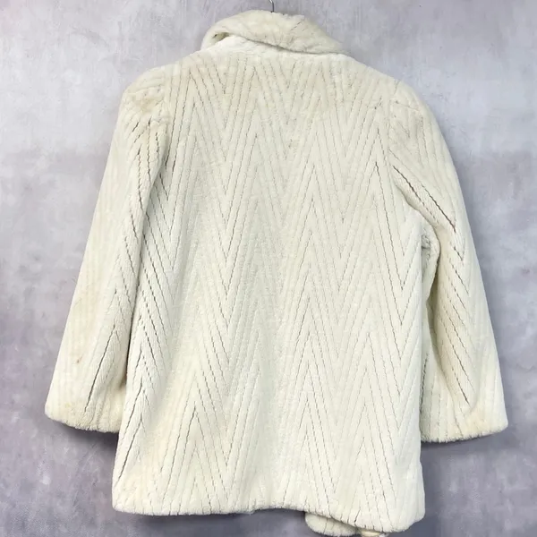 Vintage Womens Faux Fur Coat L/XL? Cream Chevron Shawl Collar Mobwife Glam USA - Image 2