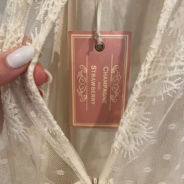 Champagne & Strawberry Tiered Maxi Dress With Crochet Trim & Floral Appliqué - Image 10