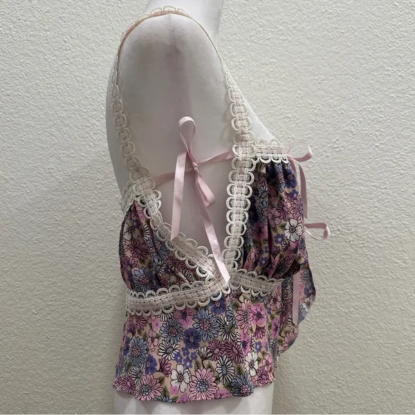 FOR LOVE & LEMONS Willow Multi Floral Bow Tie Ribbon Bow Coquette Top Purple XL - Image 9