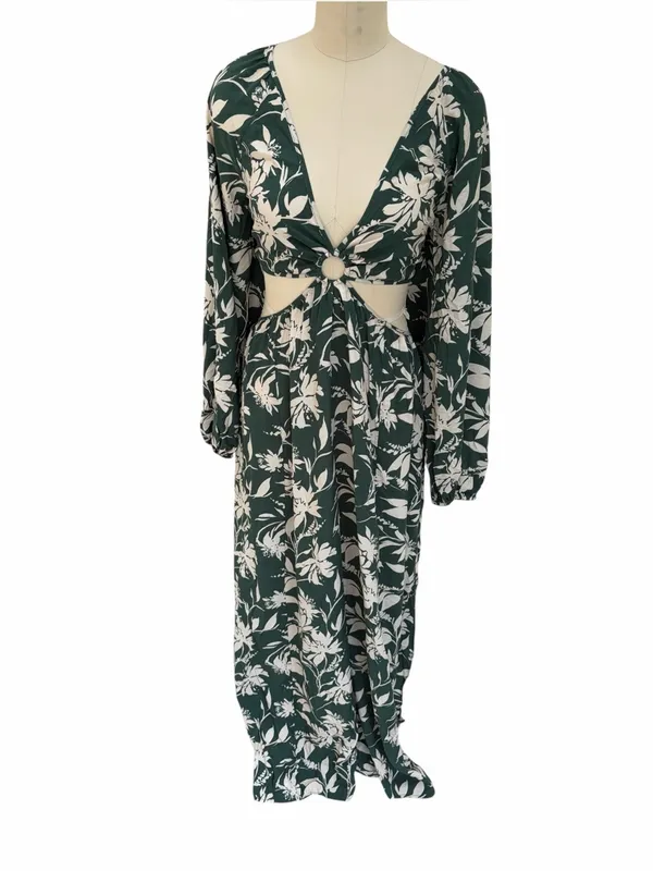 Abercrombie & Fitch Forest Green Floral Cutout maxi dress size large - Image 3