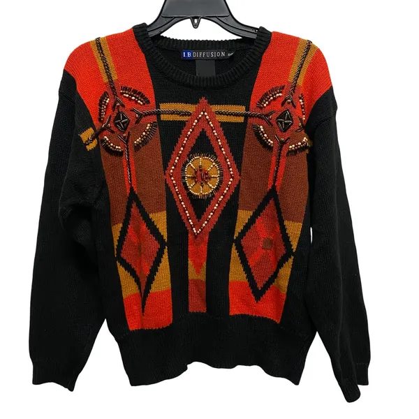 I.B. Diffusion Small Y2K Knit Sweater Beaded Diamond‎ Pattern Vintage Abstract Black - Image 2
