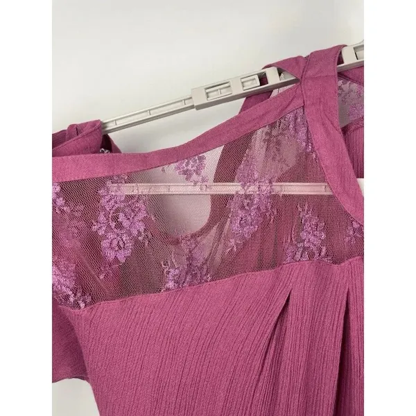 Free People Purple Pink Cold Shoulder‎ Floral Lace Sleeve Gauze Mini Dress - Image 4