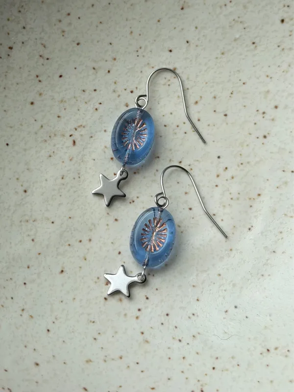 Handmade retro vintage cute whimsical style quality Czech glass beads unique dangle earrings🩵 - Image 6