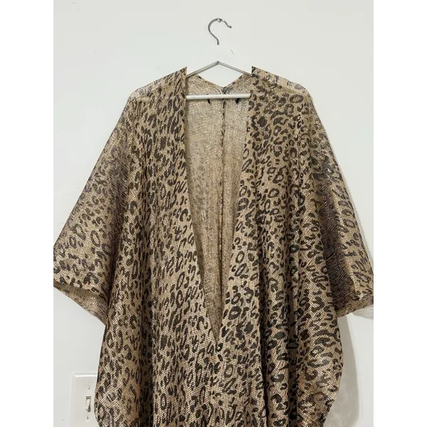 Women’s Leopard Print Fringe Kimono Gold Metallic Mesh Boho Cover-Up One Size - Image 4