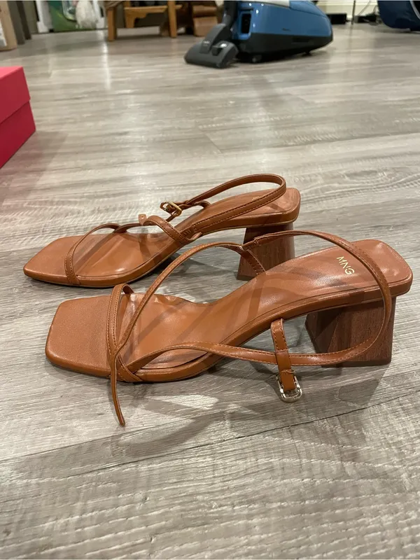 Mango Tan Strappy Square-Toe Block Heel Sandals - Image 3