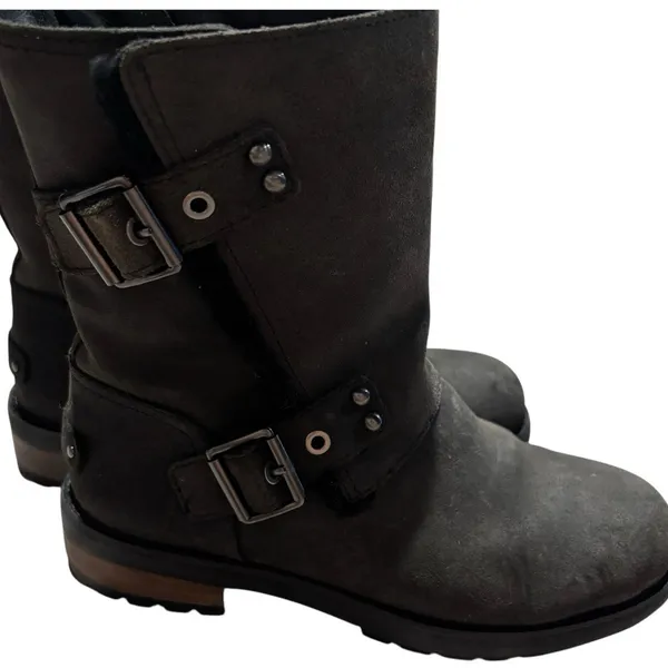 UGG Niels II Black Leather Suede Buckle Biker Boots 1095130 Womens Size 7 - Image 2
