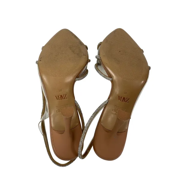 Zara Brown Embellished Rhinestones Pointed Toe Kitten Heels Slingback Sandals 37 - Image 4