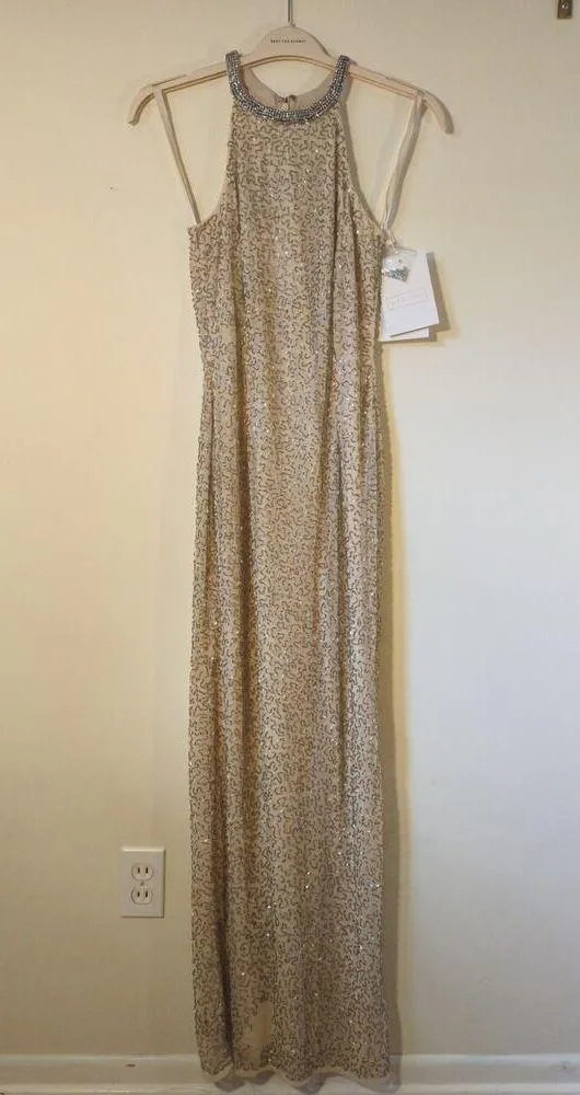New NWT Mac Duggal Beaded Sleeveless High Neck Column Gown Nude Silver Size 6 - Image 3