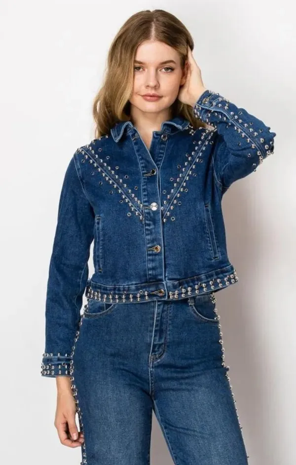 Studded Blue Denim Jacket & Jean Set Size L - Image 3