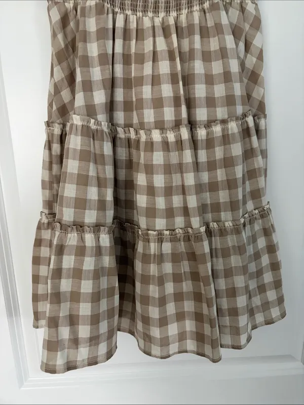 Peixoto Coco Beige and White Gingham Puff Sleeve Mini Dress Size Small - Image 7