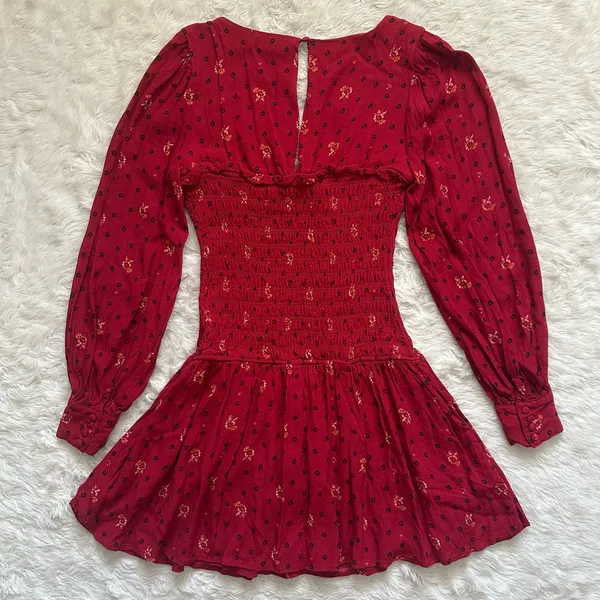 Free People Dress Two Faces Mini Ruched Bodice Long Sleeve Boho Ruby Red S - Image 5