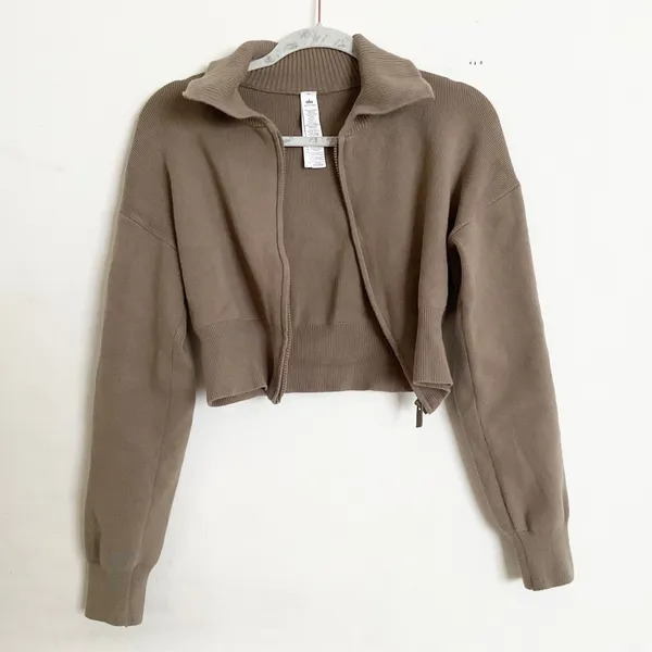 Alo Yoga Scholar Knit Cropped Full Zip Jacket Light Cocoa XS - Image 4