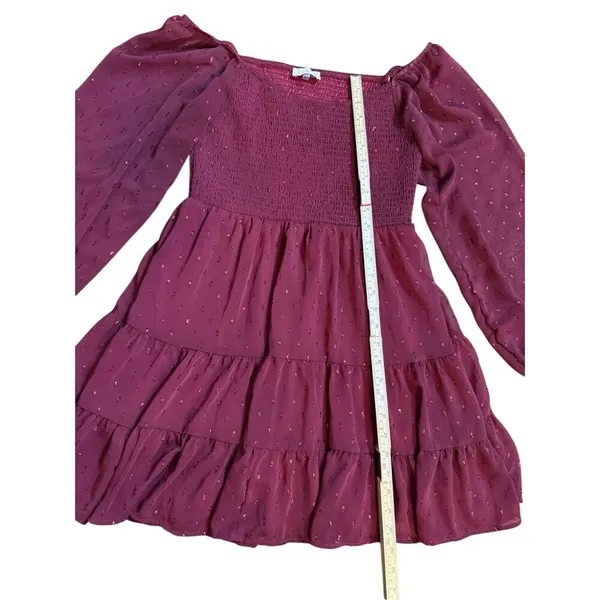 Altar’d State Women’s Vibrant Burgundy Babydoll Tiered Long Sleeve Dress Sparkle - Image 5