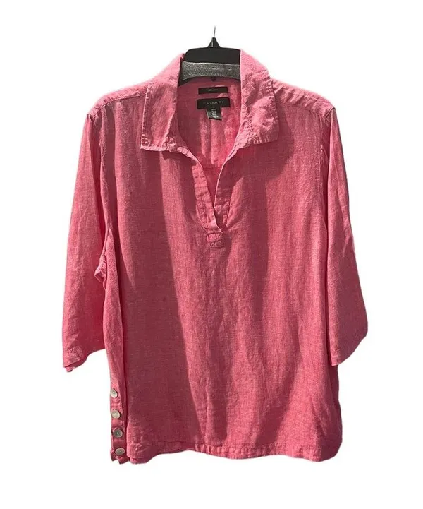 Tahari 100% Linen Split Neck 3/4 Sleeve Top 1X - Image 2