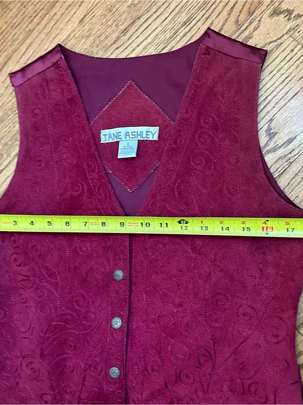 VTG 80’s 90’s Jane Ashley Burgundy Leather Satin Snap Front Vest BOHO Size S - Image 12