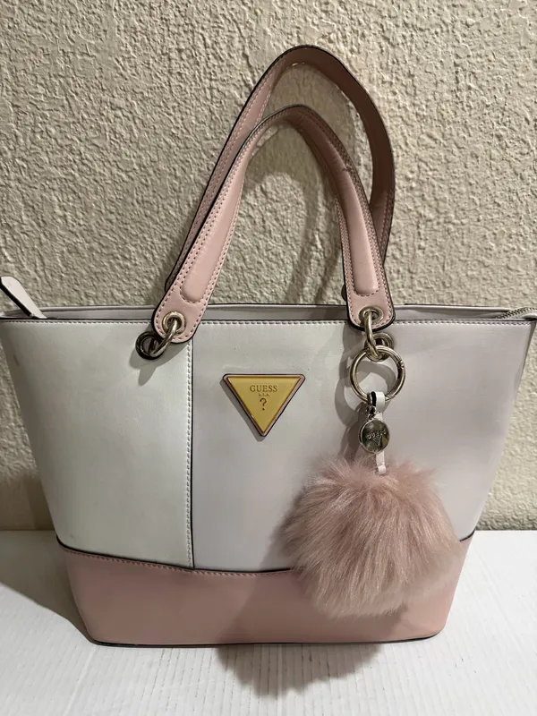 Guess Blush & Cream Colorblock Tote Bag Gold Logo Charm Pom Pom Large - Image 20