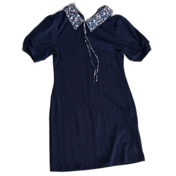 As U Wish Navy Floral Collar Mini Dress Medium Puff Sleeve Tenniscore Preppy - Image 2