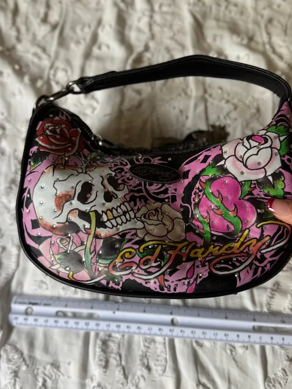 Ed Hardy Black & Pink Skull Rose Hobo Bag - Image 7