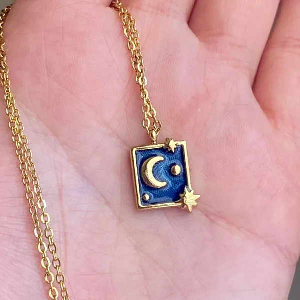 Handmade gold stainless steel blue celestial whimsical chic moon necklace🌟 - Image 2