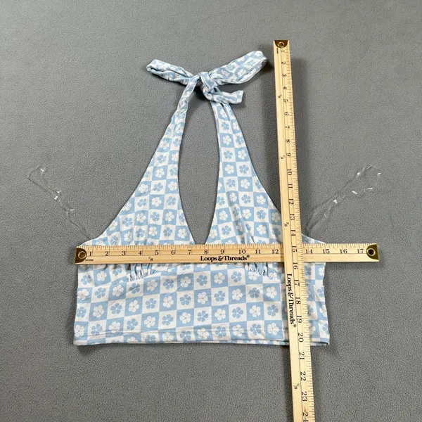 RSQ Halter Crop Top XL Blue White Checkerboard Flower Print Tie Neck Tank NWOT - Image 2