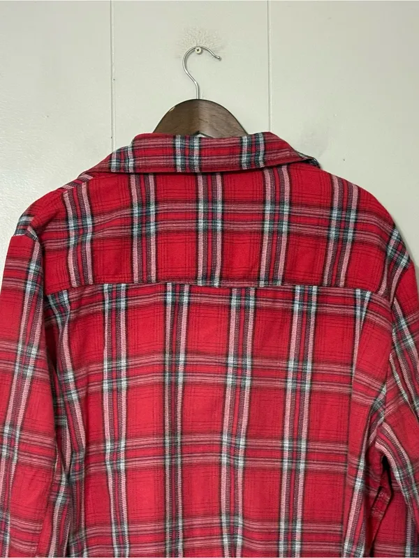 POL Red Plaid Lace Up Tunic Shirt Size L Boho Grunge Flannel Oversized Top - Image 7