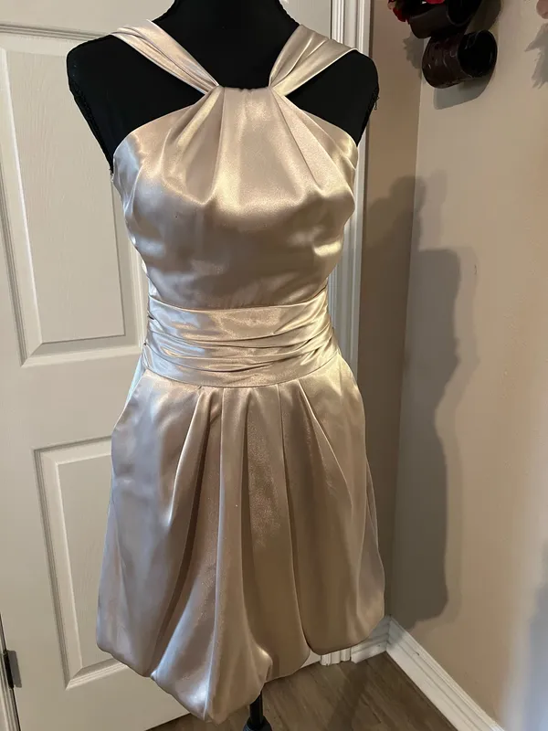 Gold beige cocktail evening wedding guest dress - Image 2