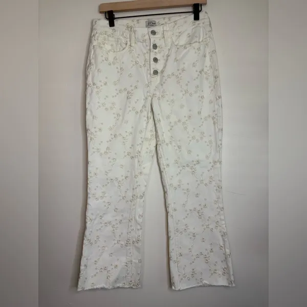 J.Crew‎ Billie Demi Boot Crop Jeans 28 White Embroidered Floral Raw Hem Cotton - Image 6