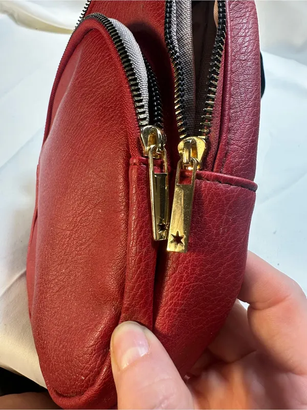 T547. Kedzie Red Vegan Leather Mini Convertible Backpack Crossbody Gold Hardware - Image 7