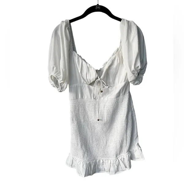 Selfie Leslie APEROL SPRITZ SHIRRED BODICE PUFF SLEEVE MINI DRESS WHITE M NWT - Image 2
