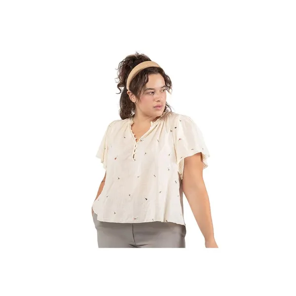 Black Tape Trendy Plus Size Printed Cotton Flutter-Sleeve Top Ivory Off White 2X - Image 6