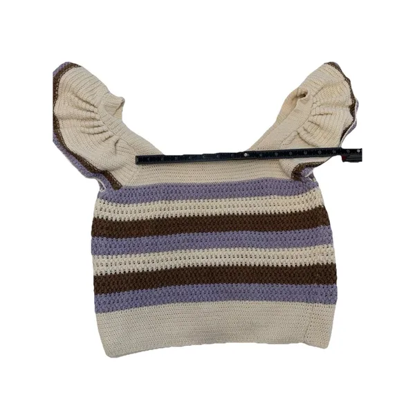 MNG Mango Beige Striped Knit Ruffle Flutter Sleeve Square Neck Cropped Top S - Image 11