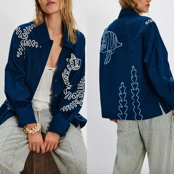 NWT Free People We The Free Tidal Stitch Button Down Shirt in Blue - Image 2