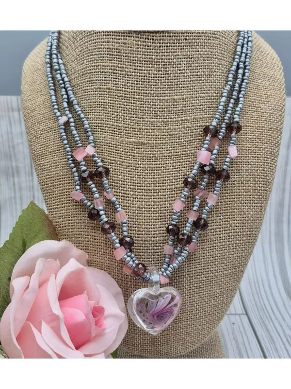 Artisan Silver & Pink Beaded Necklace With Glass Floral Heart Pendant 21" Fairy - Image 2