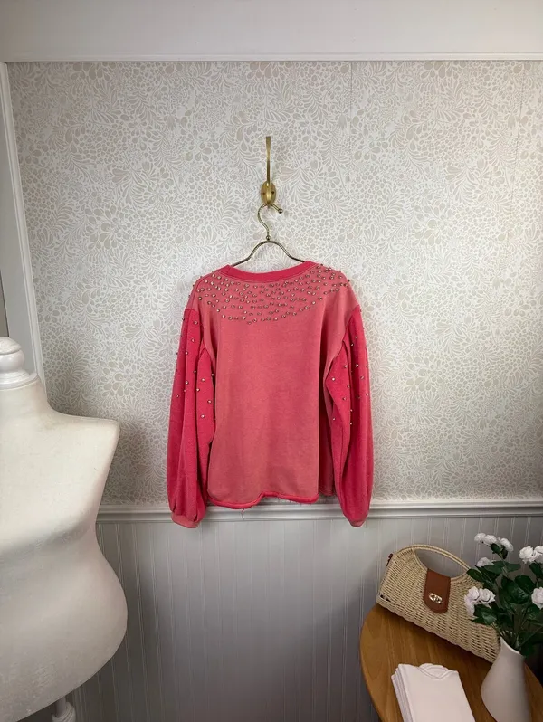 POL Pink Rhinestone Stud Accent Pocket Sweatshirt - Size - Medium - Image 4
