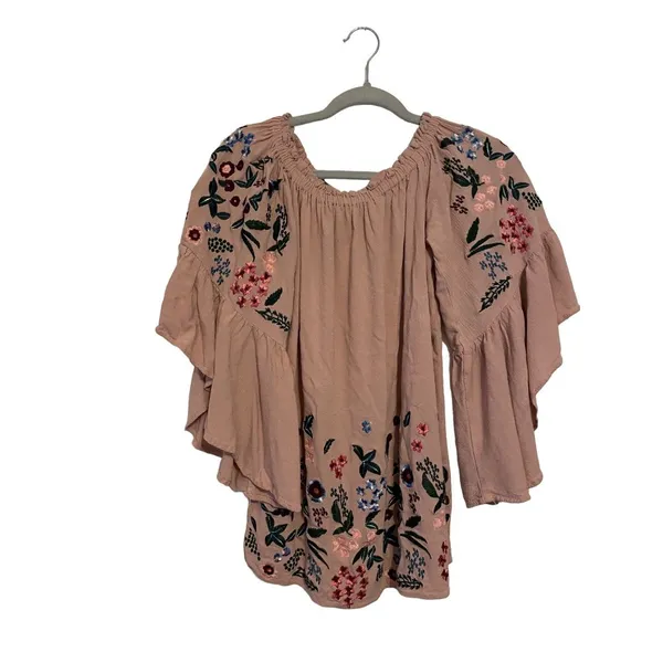 Altar'd‎ State Blouse Boho Embroidered Pink Off Shoulder Bell Sleeve S Small - Image 2