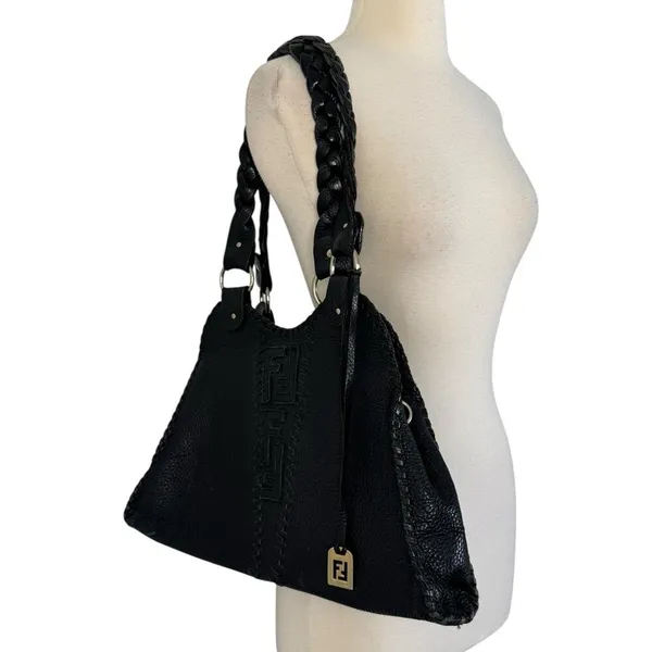 Vintage FENDI Black Pebbled Leather Spy Bag Purse Braided Handles Handbag - Image 12