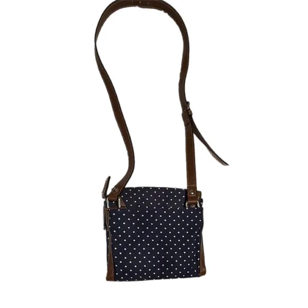 Chaps Navy Blue Polka Dot Crossbody Bag Brown Trim Canvas Small Messenger Purse - Image 3