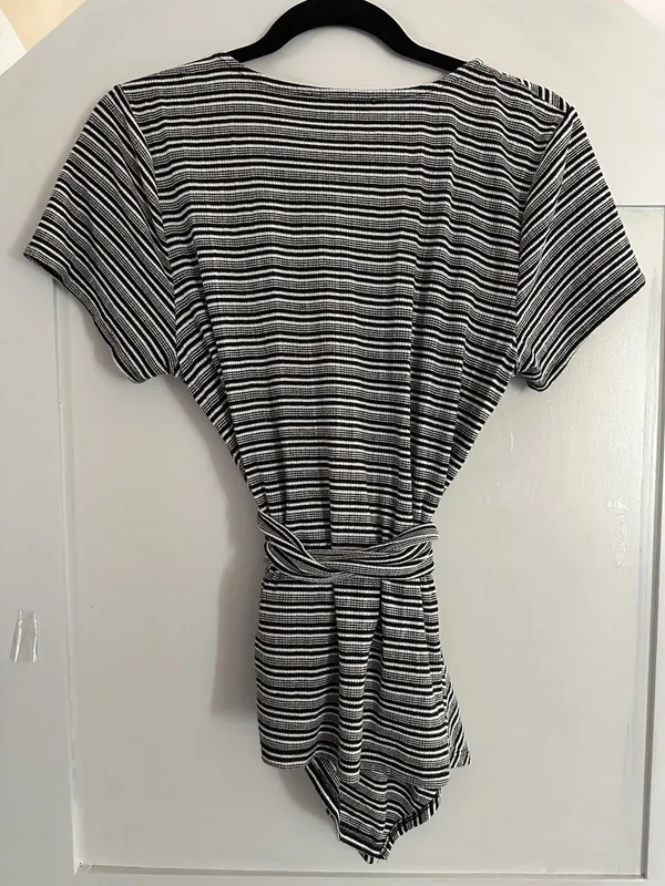 7 For All Seven Mankind Wrap Top Women L Black White Stripe Pima Cotton Tie - Image 3