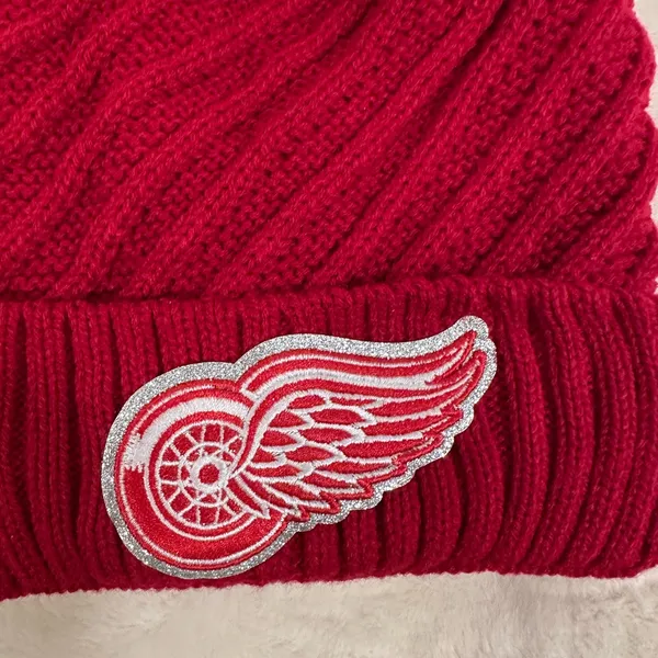 Detroit Redwings glitter logo Red Pom-Pom Knit Beanie hat! - Image 2