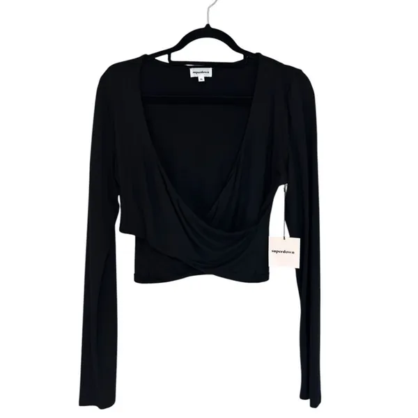 NEW Superdown Matilda Crop Wrap Long Sleeve Top in Black - Size XL - Image 3