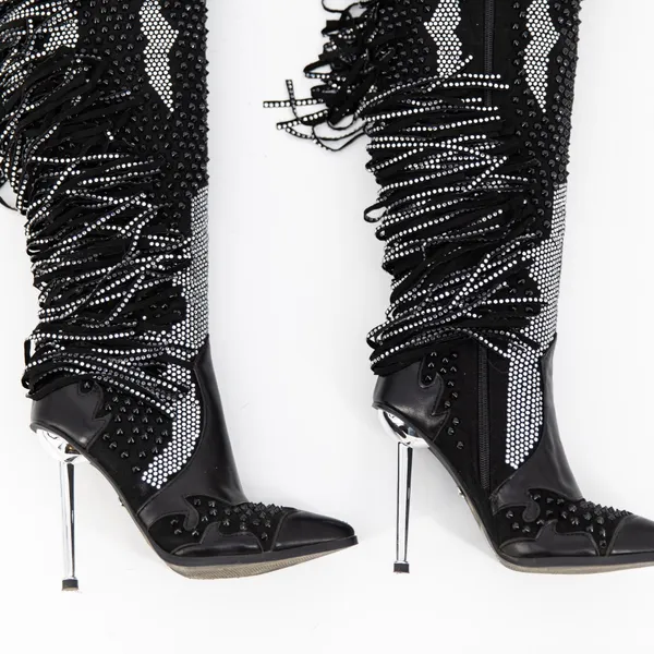 Azalea Wang Crewe Black Silver Crystal Embellished Fringe Western Boots Shoes 6 - Image 3