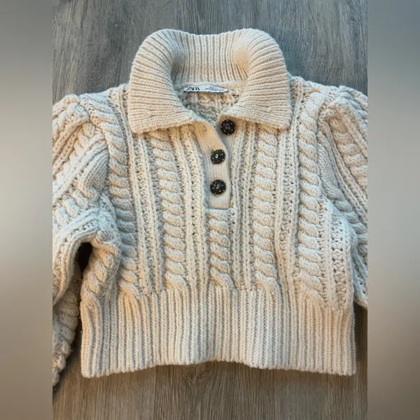Zara Chunk Knitted Cream Crop Sweater S - Image 12