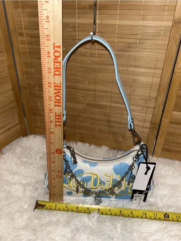 Von Dutch blue white cow print shoulder bag with chain charms purse tote handbag - Image 7
