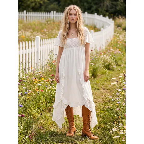 Free People Ethereal Bohemian Cottage Bring The Romance Maxi Dress White Medium - Image 3